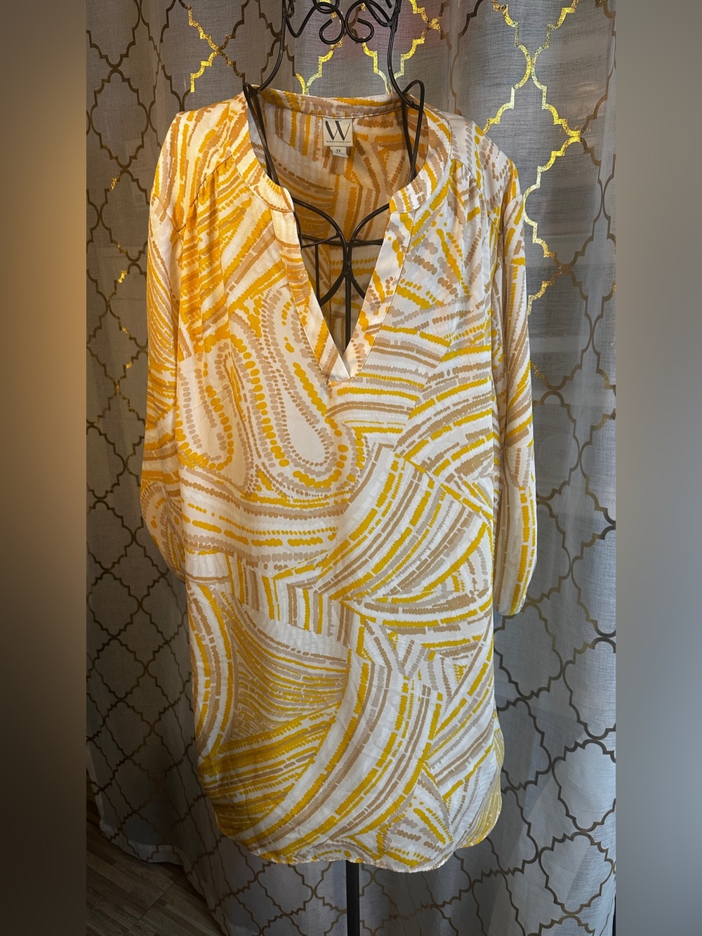 Worthington Yellow and Cream Abstract Print  long Tunic Blouse